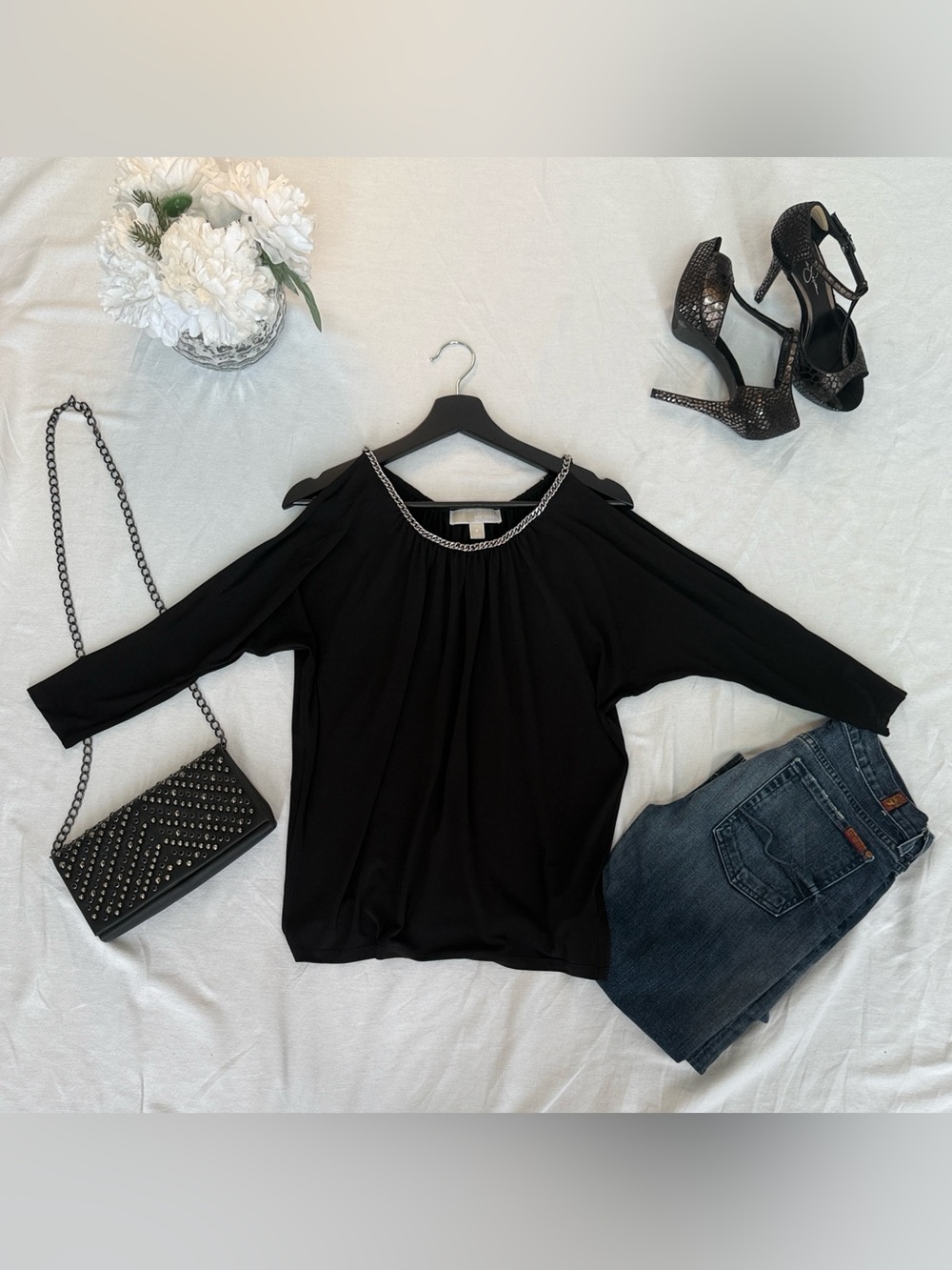 MICHAEL Michael Kors Black Long-Sleeve Chain-Trim Top